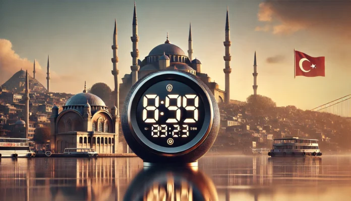 "Current time in Turkey displayed on a digital clock with Istanbul landmarks in the background."current time in Istanbul