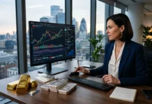 Gold and Silver Future: Market Trends & Price Outlook سبائك ذهب وفضة بجانب رسوم بيانية مالية تحليلية تعبر عن سوق المعادن الثمينة
