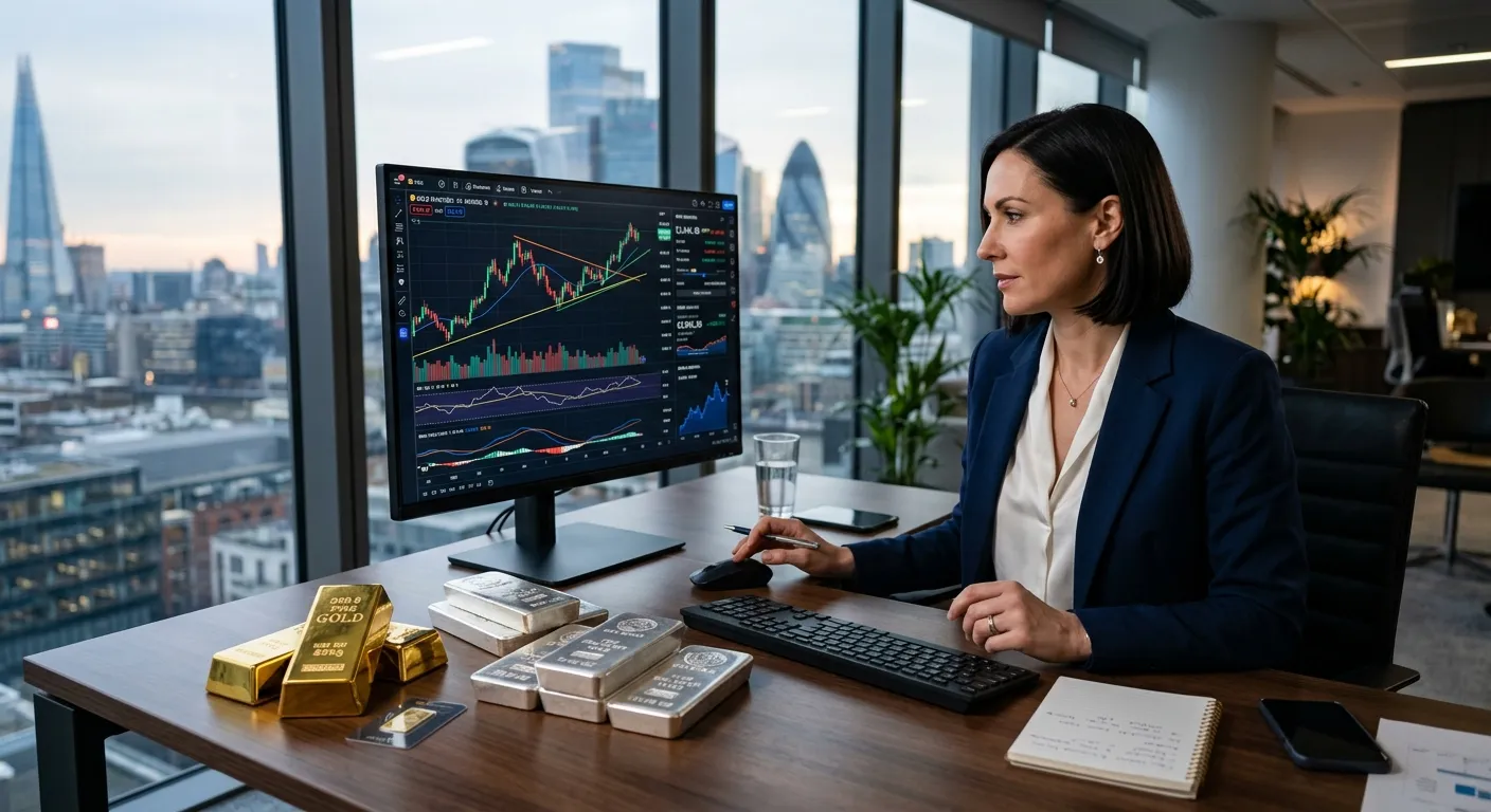 سبائك ذهب وفضة بجانب رسوم بيانية مالية تحليلية تعبر عن سوق المعادن الثمينة