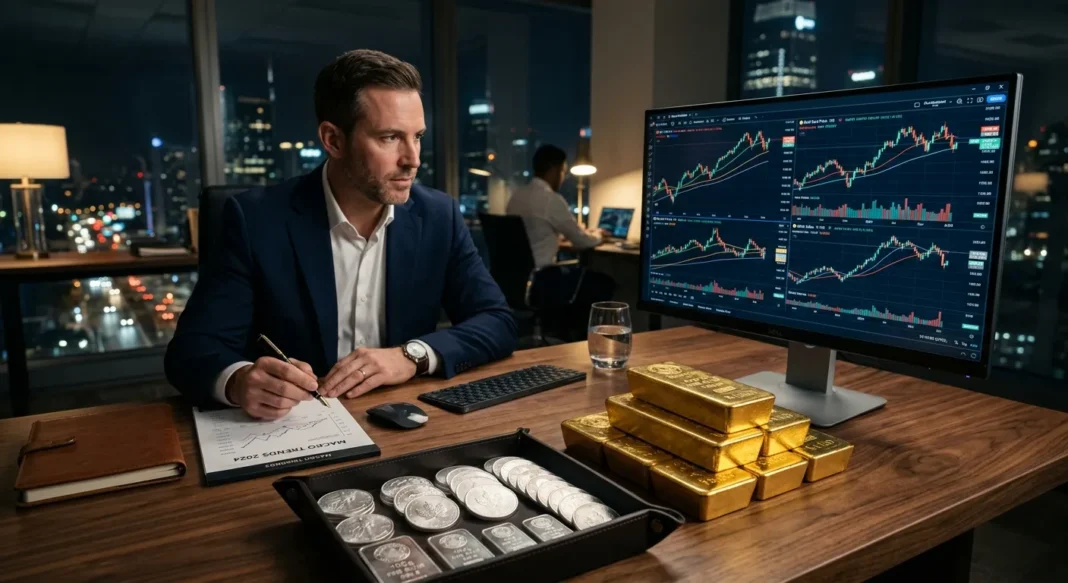 سبائك ذهبية وعملات فضية مع رسوم بيانية اقتصادية تعكس مستقبل الاستثمار في المعادن النفيسة