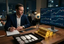 Future of Gold and Silver: Market Trends & Forecast سبائك ذهبية وعملات فضية مع رسوم بيانية اقتصادية تعكس مستقبل الاستثمار في المعادن النفيسة