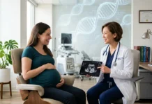New Genes Linked to Severe Pregnancy Sickness طبيب يتابع حالة امرأة حامل في عيادة حديثة مع رموز جينية توضح الأبحاث الطبية