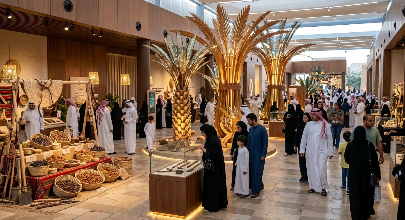 Cultural exhibition featuring palm-inspired art and heritage displays in Al-Madinah