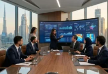 افضل شركة اتمتة مخصصة للشركات في دبي 2026 مدراء تنفيذيون في دبي يستعرضون أنظمة الأتمتة والذكاء الاصطناعي