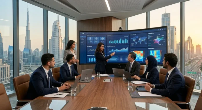 أتمتة الشركات المخصصة في دبي مدراء تنفيذيون في دبي يستعرضون أنظمة الأتمتة والذكاء الاصطناعي