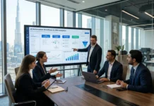 Top AI Automation Company in Dubai: Choosing the Best Partner فريق عمل تنفيذي في مكتب بدبي يستعرضون أنظمة أتمتة الذكاء الاصطناعي والتحول الرقمي
