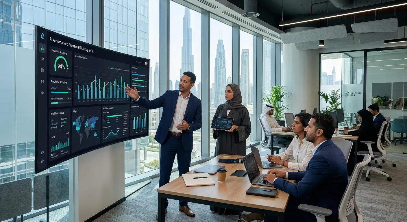 Team collaborating on custom AI automation and performance marketing strategies in Dubai