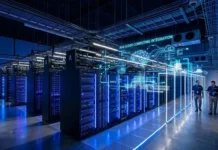 شراكة أمازون وإنفيديا لنشر مليوني وحدة معالجة للذكاء الاصطناعي مركز بيانات حديث يوضح البنية التحتية للحوسبة السحابية وشراكة أمازون وإنفيديا للذكاء الاصطناعي