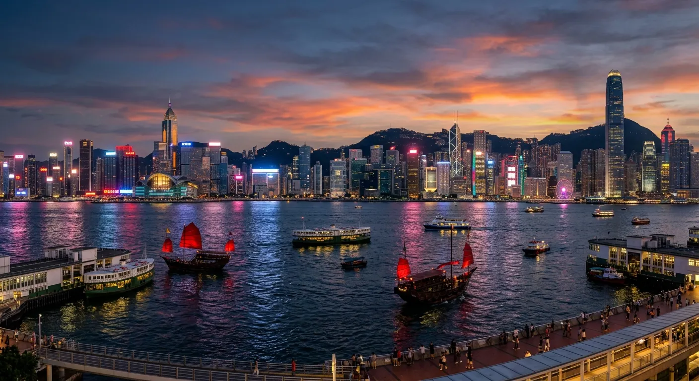 Hong Kong silueti ve Victoria Limanı'nda akşam saatlerinde turizm hareketliliği