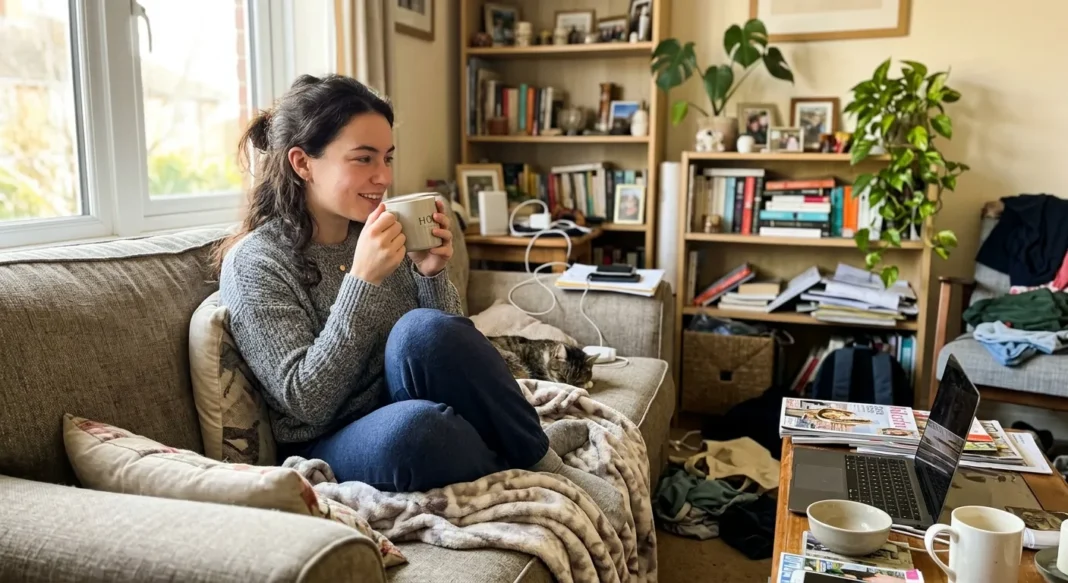 ظاهرة Kinda Chic ونمط الحياة الواقعي شخص يسترخي في منزله بملابس مريحة ضمن يوميات واقعية تعكس ظاهرة البساطة
