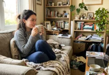 Kinda Chic Akımı Nedir? Sosyal Medyanın Yeni Trendi شخص يسترخي في منزله بملابس مريحة ضمن يوميات واقعية تعكس ظاهرة البساطة
