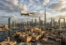 Middle East Tourism Sector Set to Contract in 2026 طائرة تجارية تحلق فوق معالم معمارية في الشرق الأوسط تعبيرًا عن قطاع السياحة والسفر