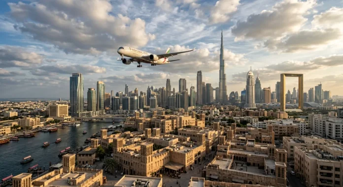 طائرة تجارية تحلق فوق معالم معمارية في الشرق الأوسط تعبيرًا عن قطاع السياحة والسفر