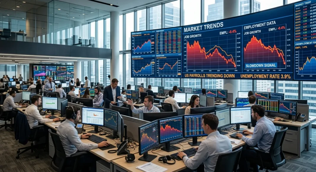تباطؤ سوق العمل الأمريكي وتأثيره على الأسواق شاشات تداول مالية تظهر مؤشرات الأسواق وتأثير تباطؤ الوظائف الأمريكية