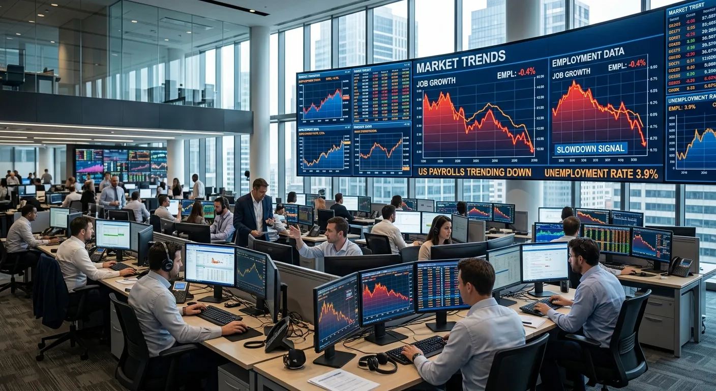 شاشات تداول مالية تظهر مؤشرات الأسواق وتأثير تباطؤ الوظائف الأمريكية