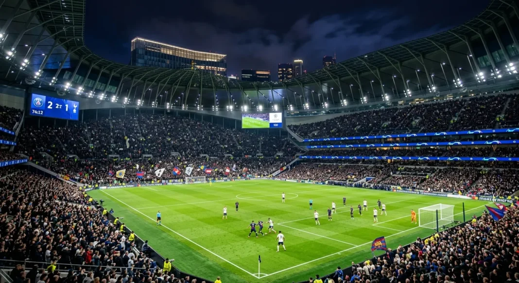 ملعب كرة قدم أوروبي مضاء ليلاً أثناء مباريات دوري أبطال أوروبا