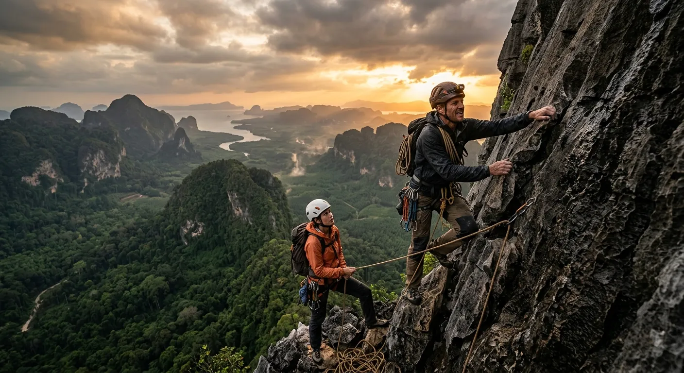 Climber scaling a steep limestone cliff in Thailand during the Fall 2 Deadpoint movie release