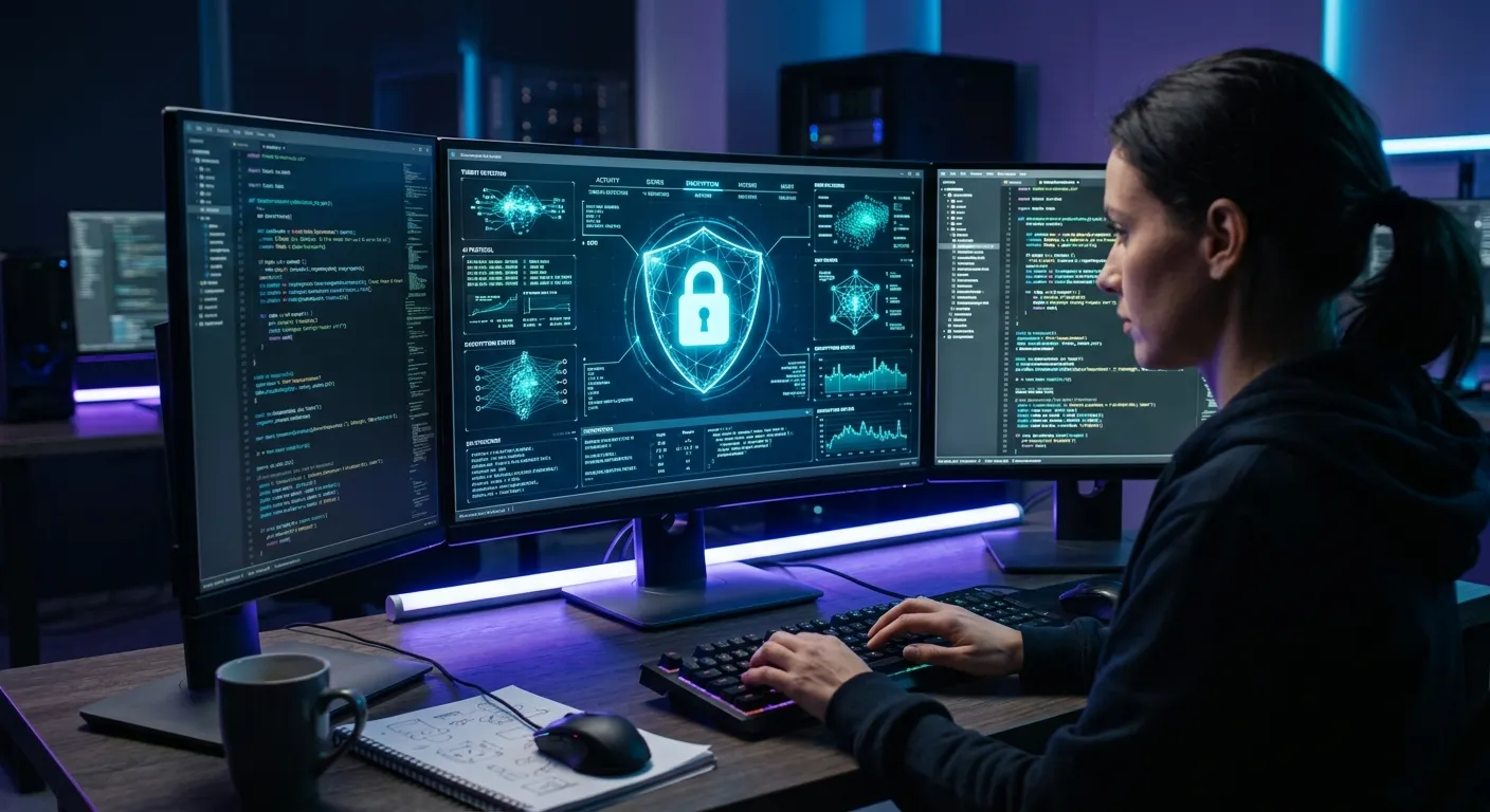 واجهة رقمية متطورة تظهر شيفرات برمجية وعناصر ذكاء اصطناعي وأمان سيبراني