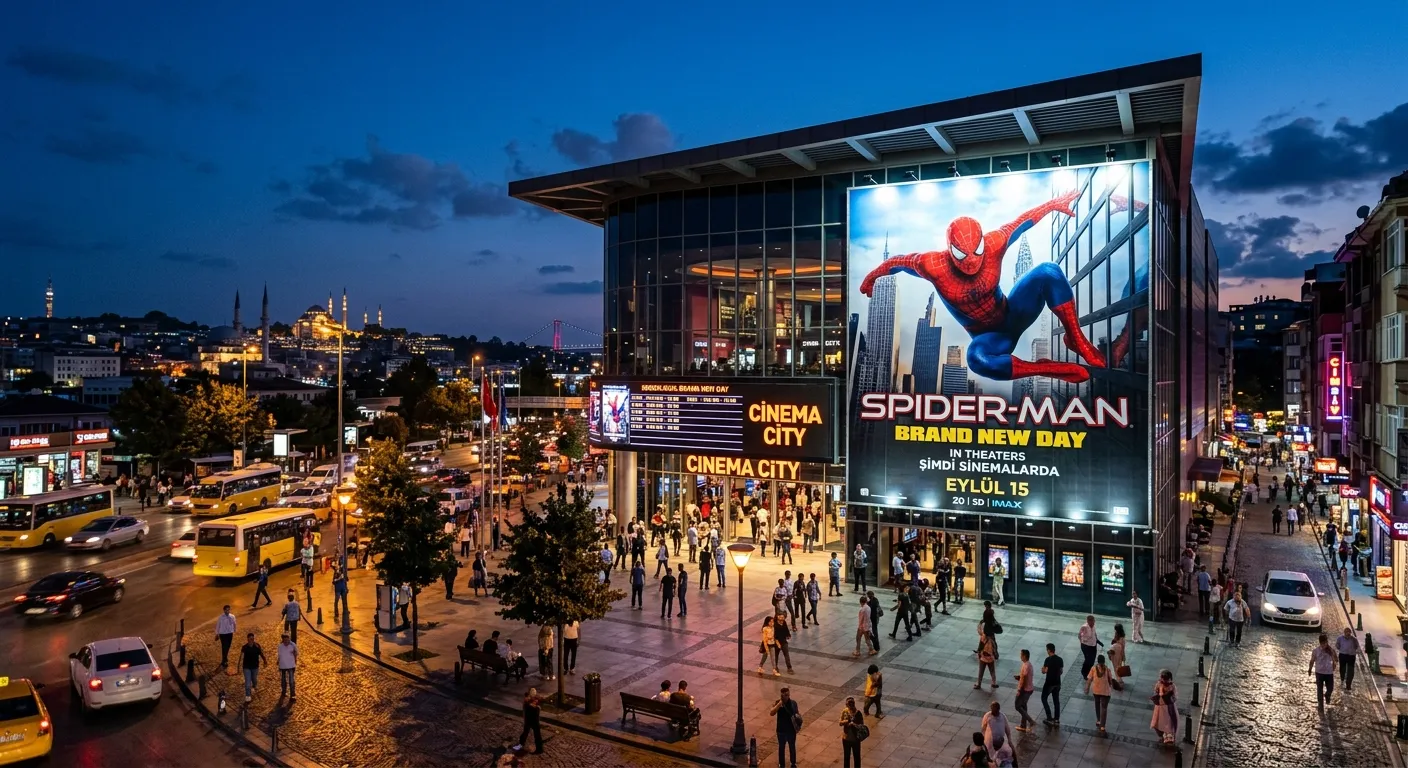 Sinema salonunda Spider-Man filmi vizyon afişi önünde heyecanla bekleyen izleyiciler