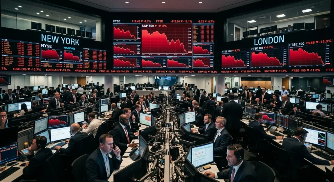 تراجع الأسهم الأمريكية والأوروبية في سبتمبر شاشات تداول مالية تعرض انخفاض مؤشرات الأسهم وتراجع الأسواق الأمريكية والأوروبية في بداية سبتمبر