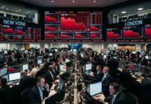 US and European Stocks Drop in September شاشات تداول مالية تعرض انخفاض مؤشرات الأسهم وتراجع الأسواق الأمريكية والأوروبية في بداية سبتمبر