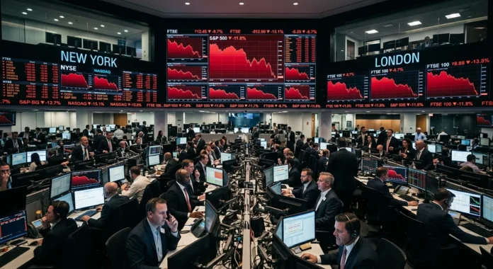 تراجع الأسهم الأمريكية والأوروبية في سبتمبر شاشات تداول مالية تعرض انخفاض مؤشرات الأسهم وتراجع الأسواق الأمريكية والأوروبية في بداية سبتمبر