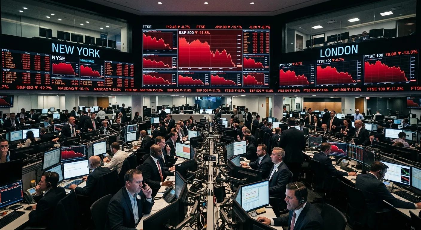 Financial trading screens showing stock market decline and red charts during the September market opening