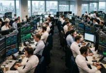 US Stocks Rally as Global Bond Yields Drop شاشات تداول مالية تعرض مؤشرات صعود الأسهم الأمريكية وتراجع عوائد السندات